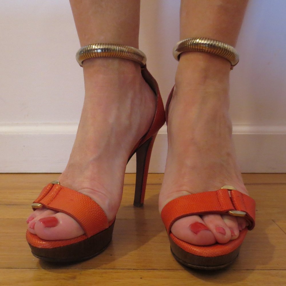 Lanvin Orange Leather Platform Sandals with Gold Hardware